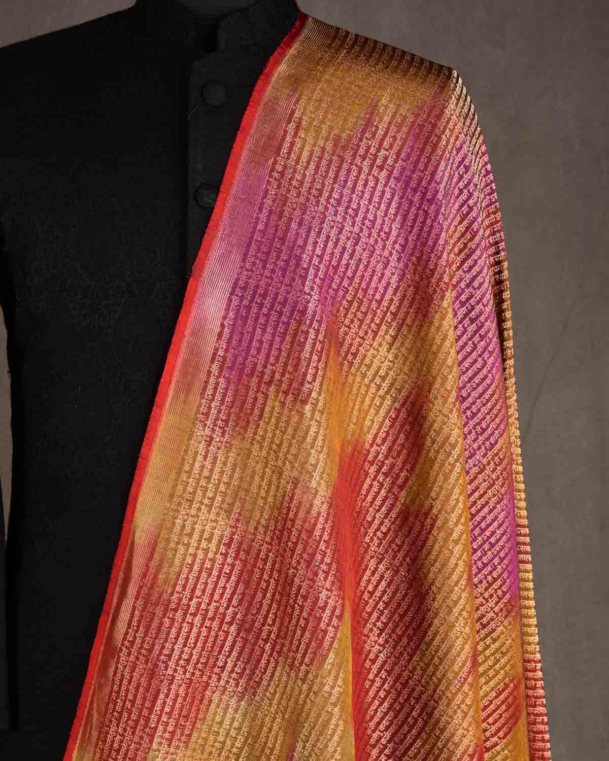 Ombre Multi-color Antique Zari Geeta Shlok 2.47 Brocade Handwoven Silk Wool Unisex Dress Shawl-HolyWeaves