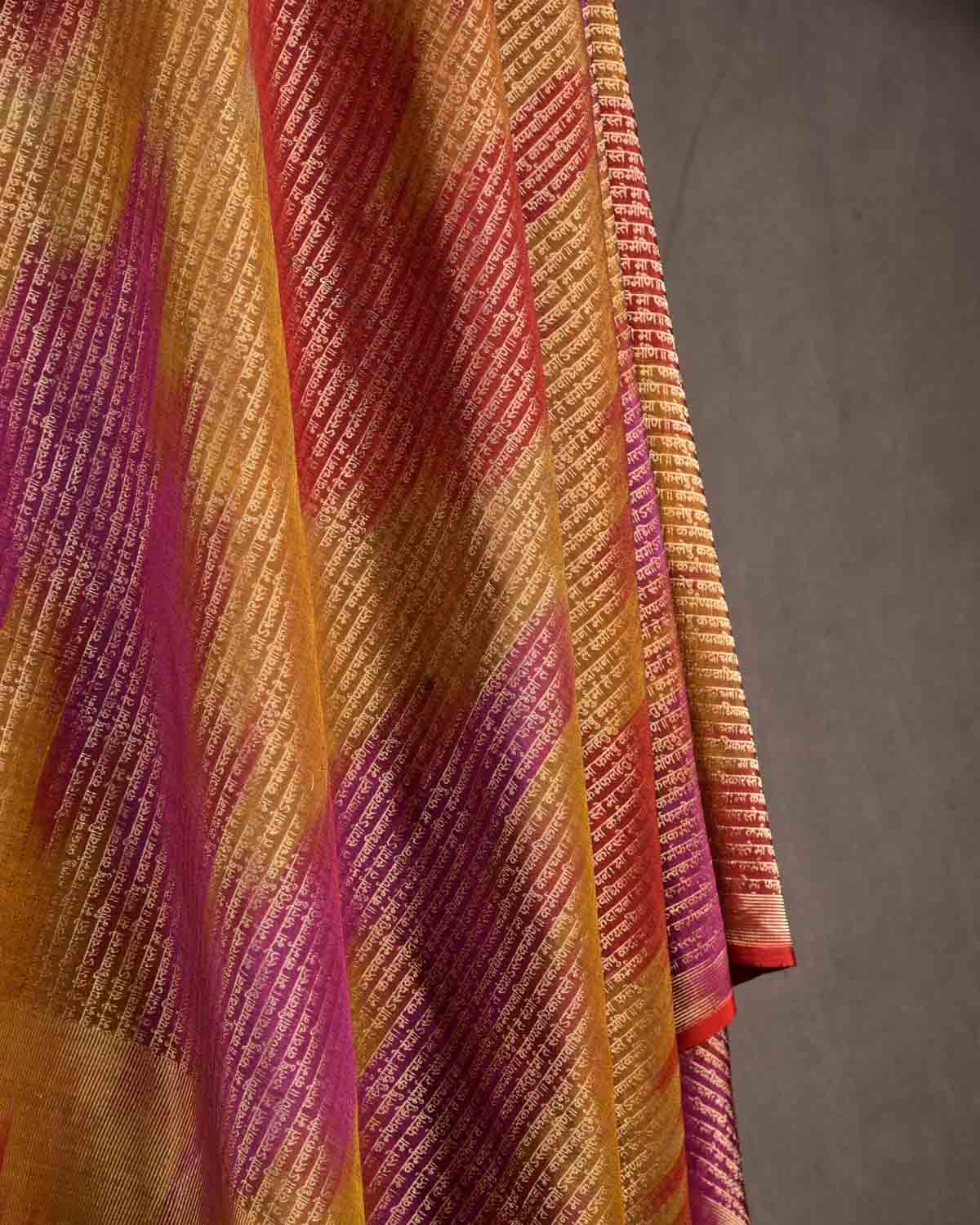 Ombre Multi-color Antique Zari Geeta Shlok 2.47 Brocade Handwoven Silk Wool Unisex Dress Shawl-HolyWeaves
