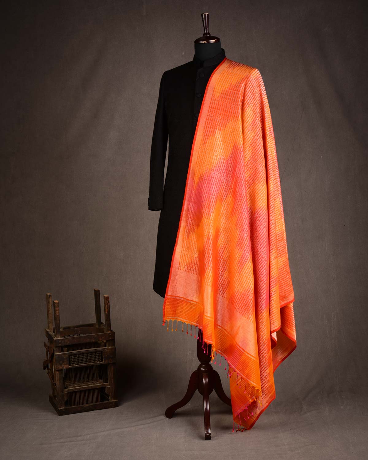 Ombre Orange Gold Zari Geeta Shlok 2.47 Brocade Handwoven Silk Wool Unisex Dress Shawl-HolyWeaves
