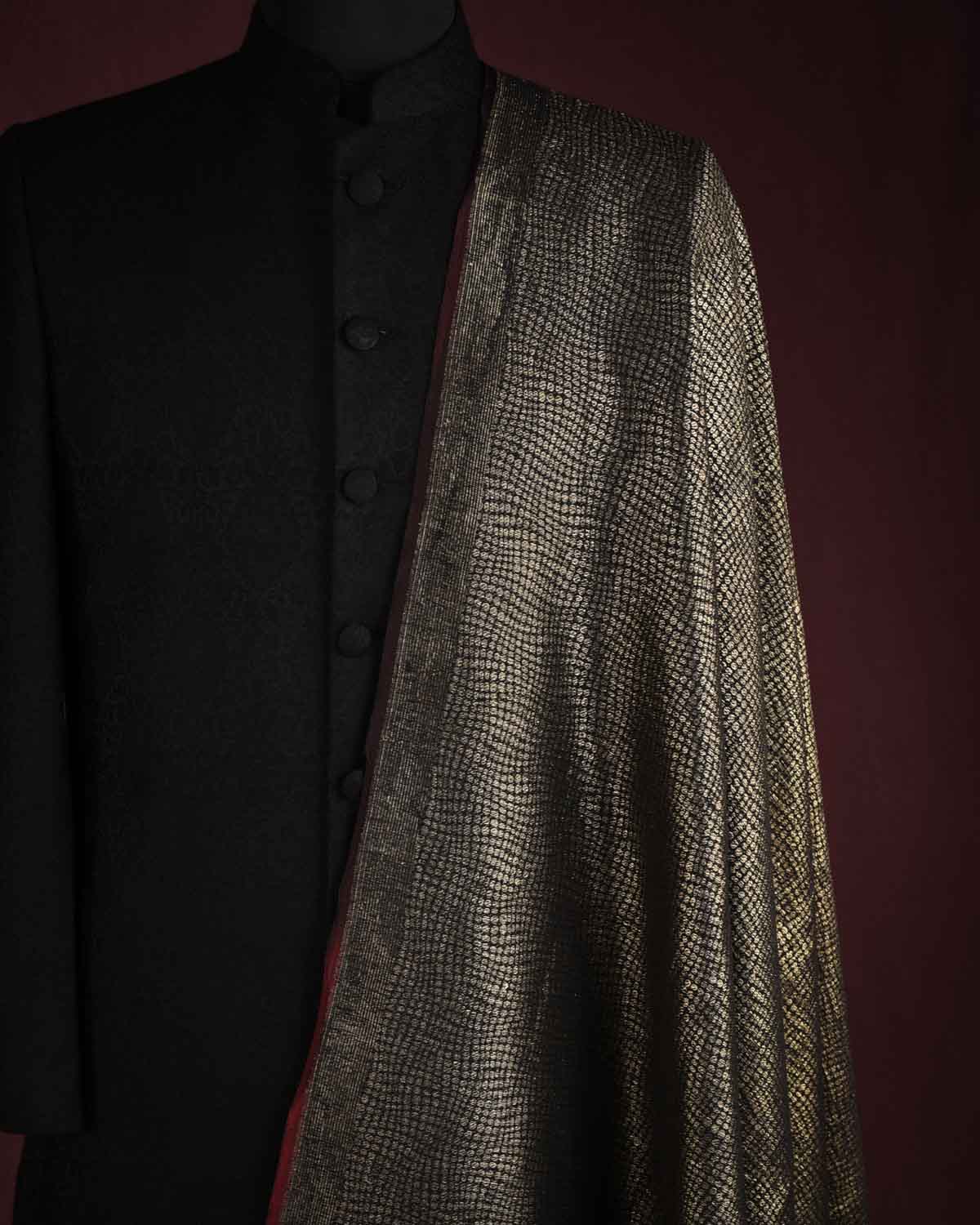 Metallic Black Gold Zari Distressed Python Stripes Brocade Handwoven Silk Wool Unisex Dress Shawl-HolyWeaves