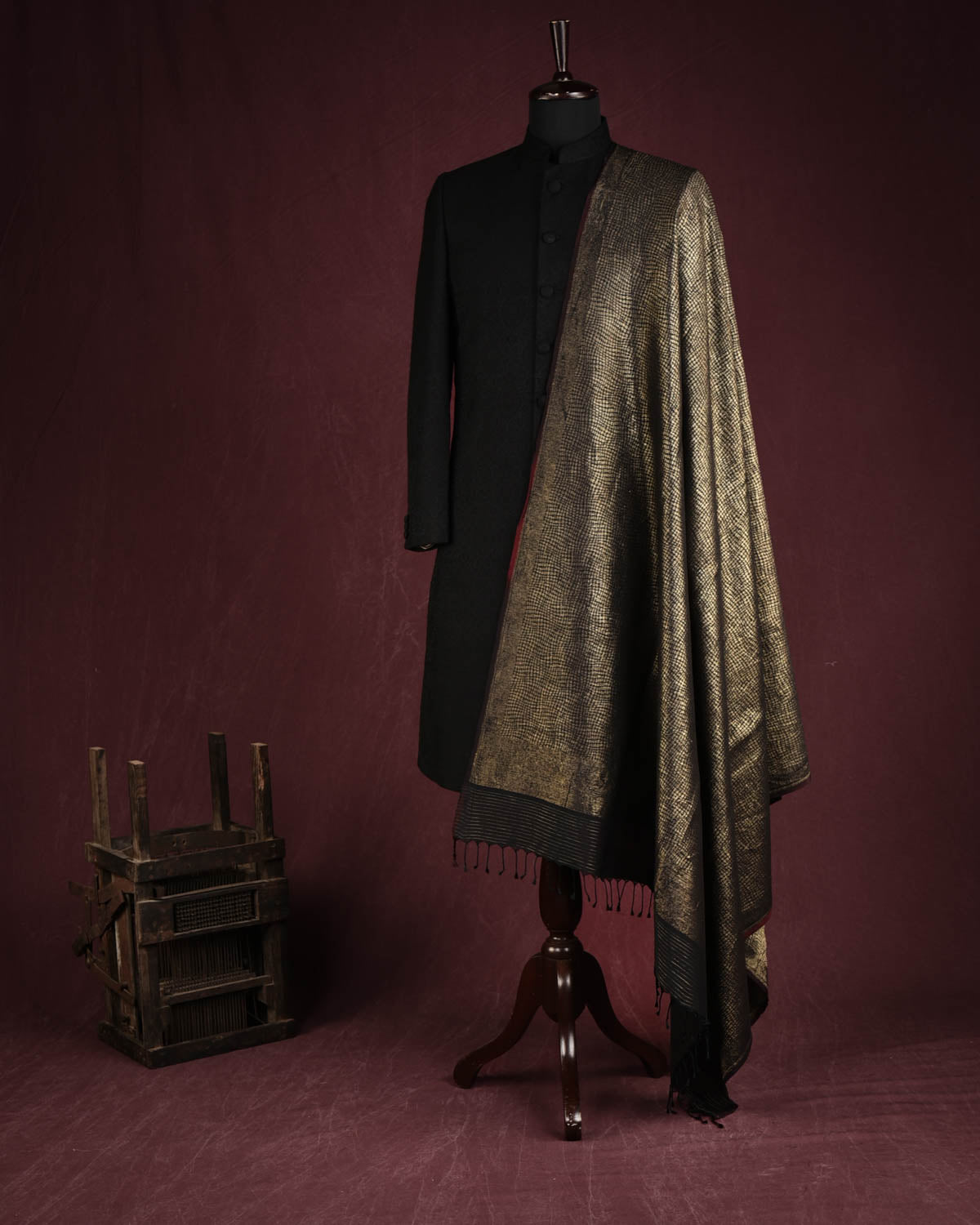 Metallic Black Gold Zari Distressed Python Stripes Brocade Handwoven Silk Wool Unisex Dress Shawl-HolyWeaves