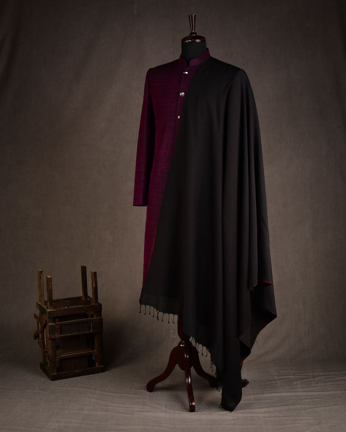 Black Python Stripes Resham Brocade Handwoven Silk Wool Unisex Dress Shawl-HolyWeaves