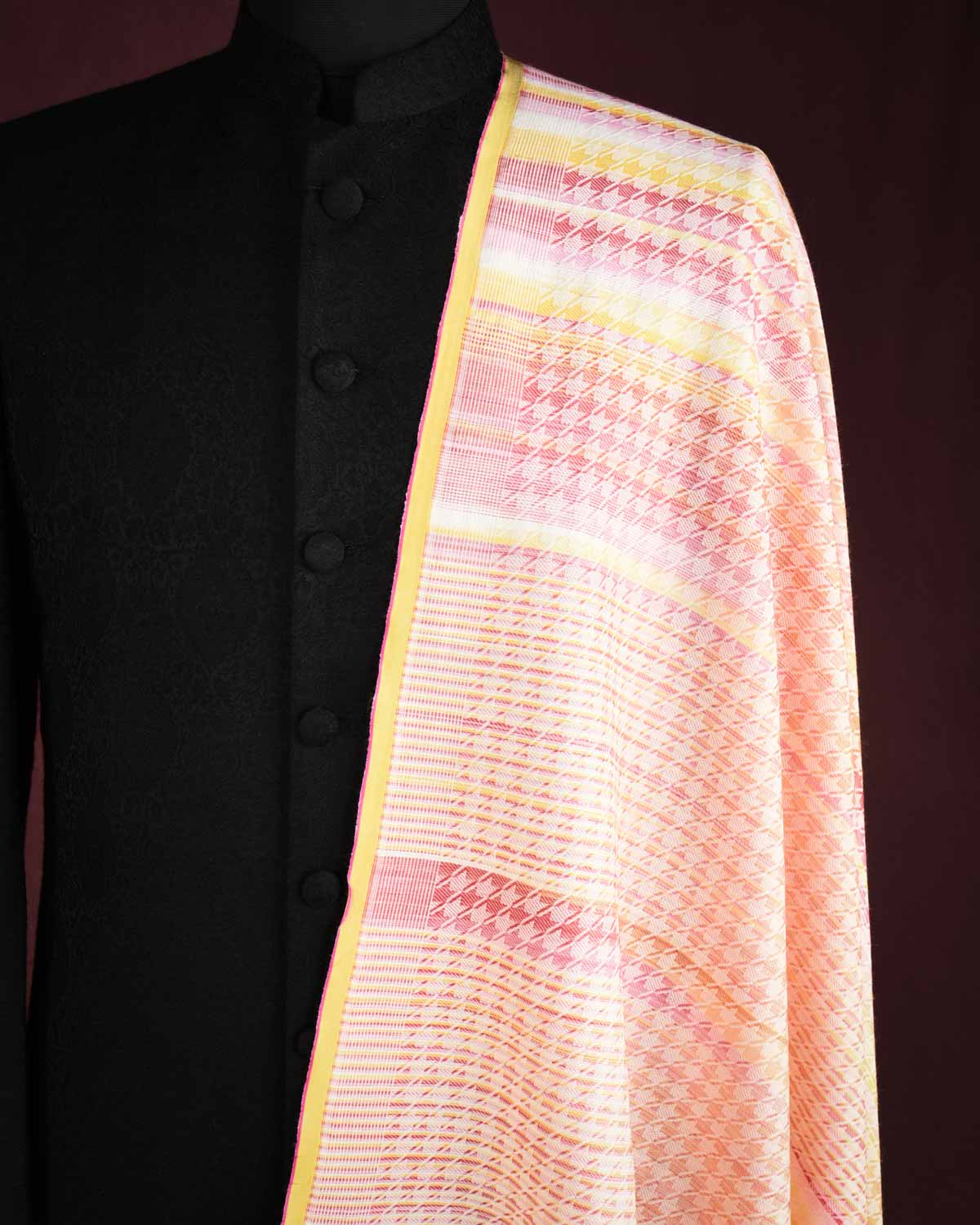 Variegated Multi-color Houndstooth Brocade Handwoven Silk Wool Unisex Dress Shawl-HolyWeaves