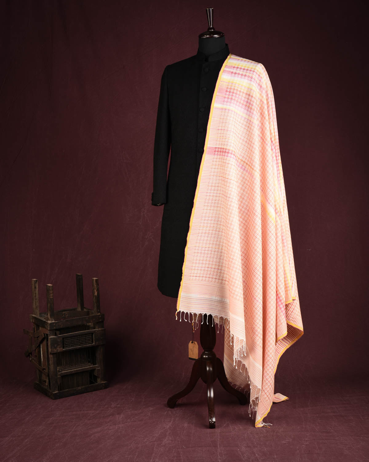 Variegated Multi-color Houndstooth Brocade Handwoven Silk Wool Unisex Dress Shawl-HolyWeaves