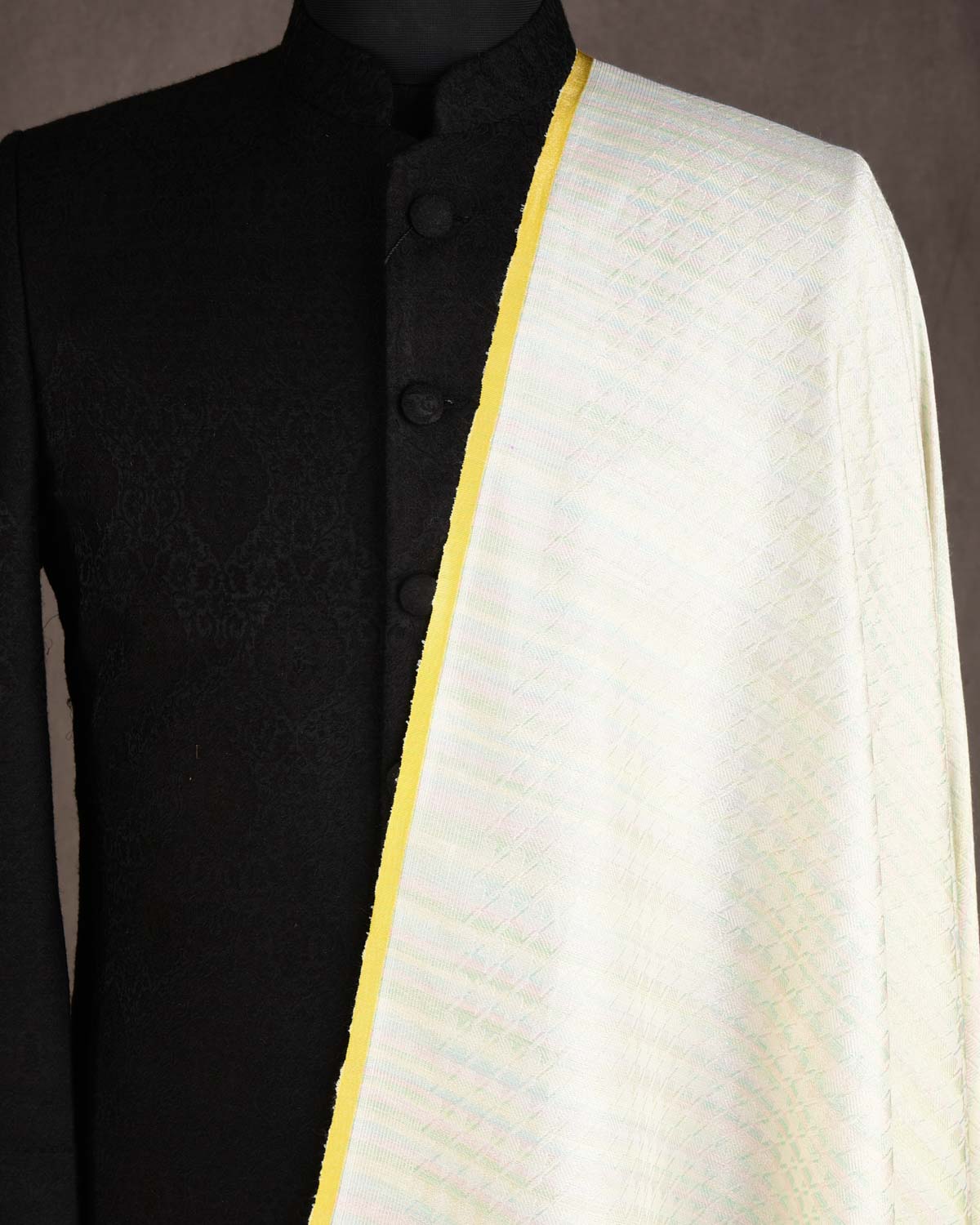 Metallic Variegated Ivory White Houndstooth Brocade Handwoven Silk Wool Unisex Dress Shawl-HolyWeaves