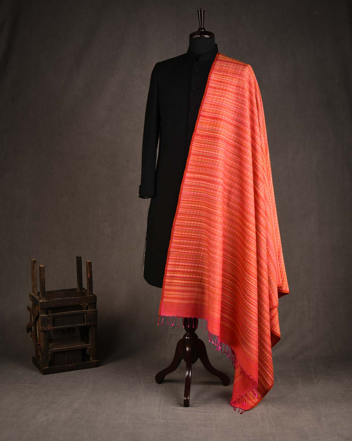 Variegated Orange Houndstooth Tanchoi Handwoven Silk Wool Unisex Dress Shawl-HolyWeaves