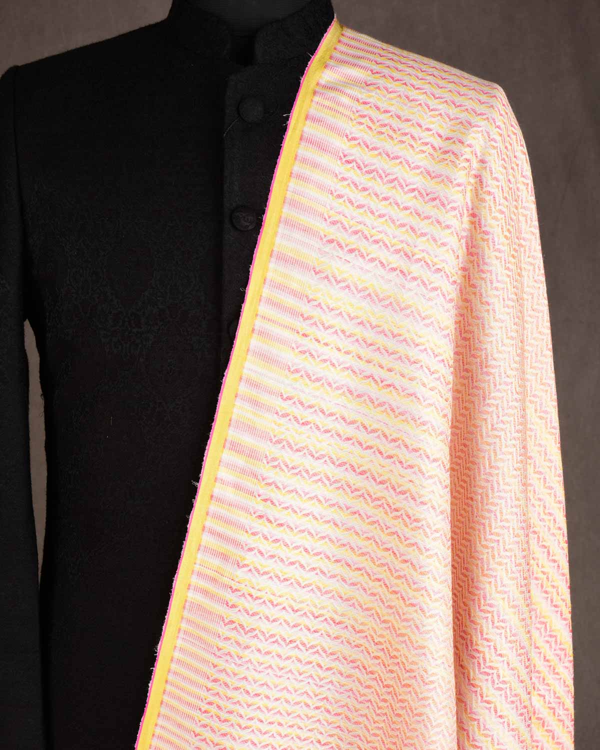 Metallic Variegated Cream Silver Zari Brocade Handwoven Silk Wool Unisex Dress Shawl-HolyWeaves