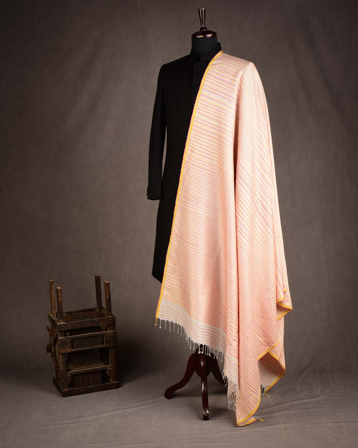 Metallic Variegated Cream Silver Zari Brocade Handwoven Silk Wool Unisex Dress Shawl-HolyWeaves