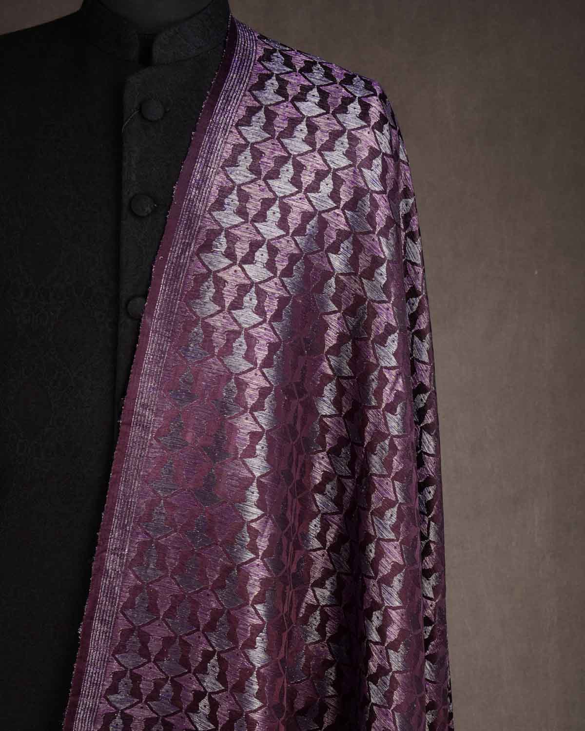 Metallic Brown Buddha "Wisdom & Compassion" Silver & Purple Zari Satin Brocade Handwoven Silk Wool Unisex Dress Shawl-HolyWeaves