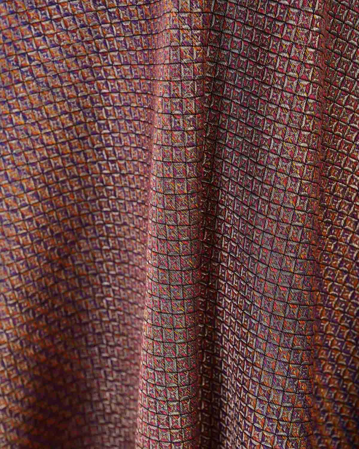 Multi-color Gold Zari Diamond Grids Brocade Handwoven Silk Wool Unisex Dress Shawl-HolyWeaves