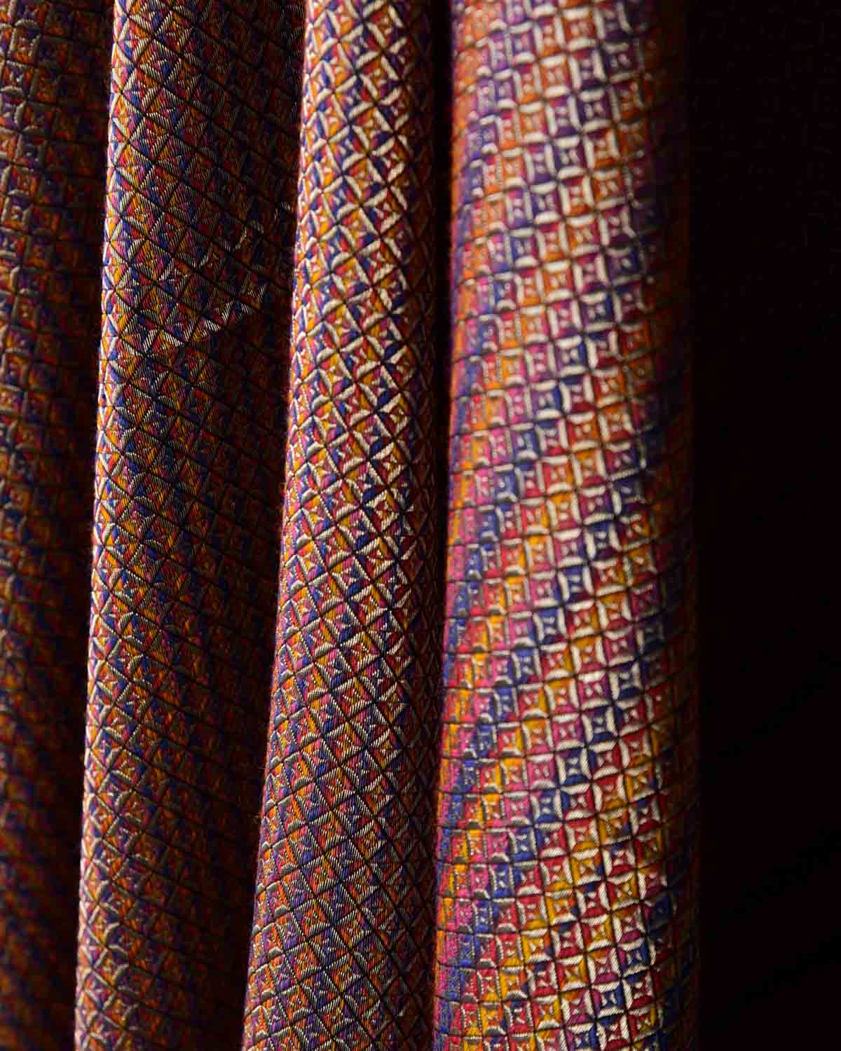 Multi-color Gold Zari Diamond Grids Brocade Handwoven Silk Wool Unisex Dress Shawl-HolyWeaves