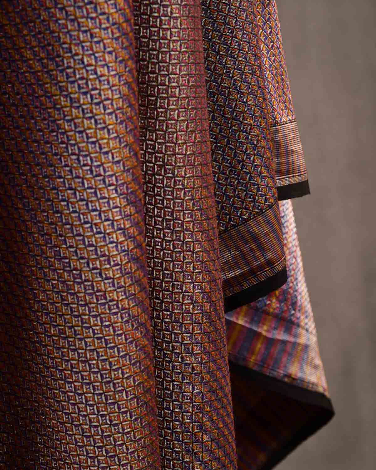 Multi-color Gold Zari Diamond Grids Brocade Handwoven Silk Wool Unisex Dress Shawl-HolyWeaves