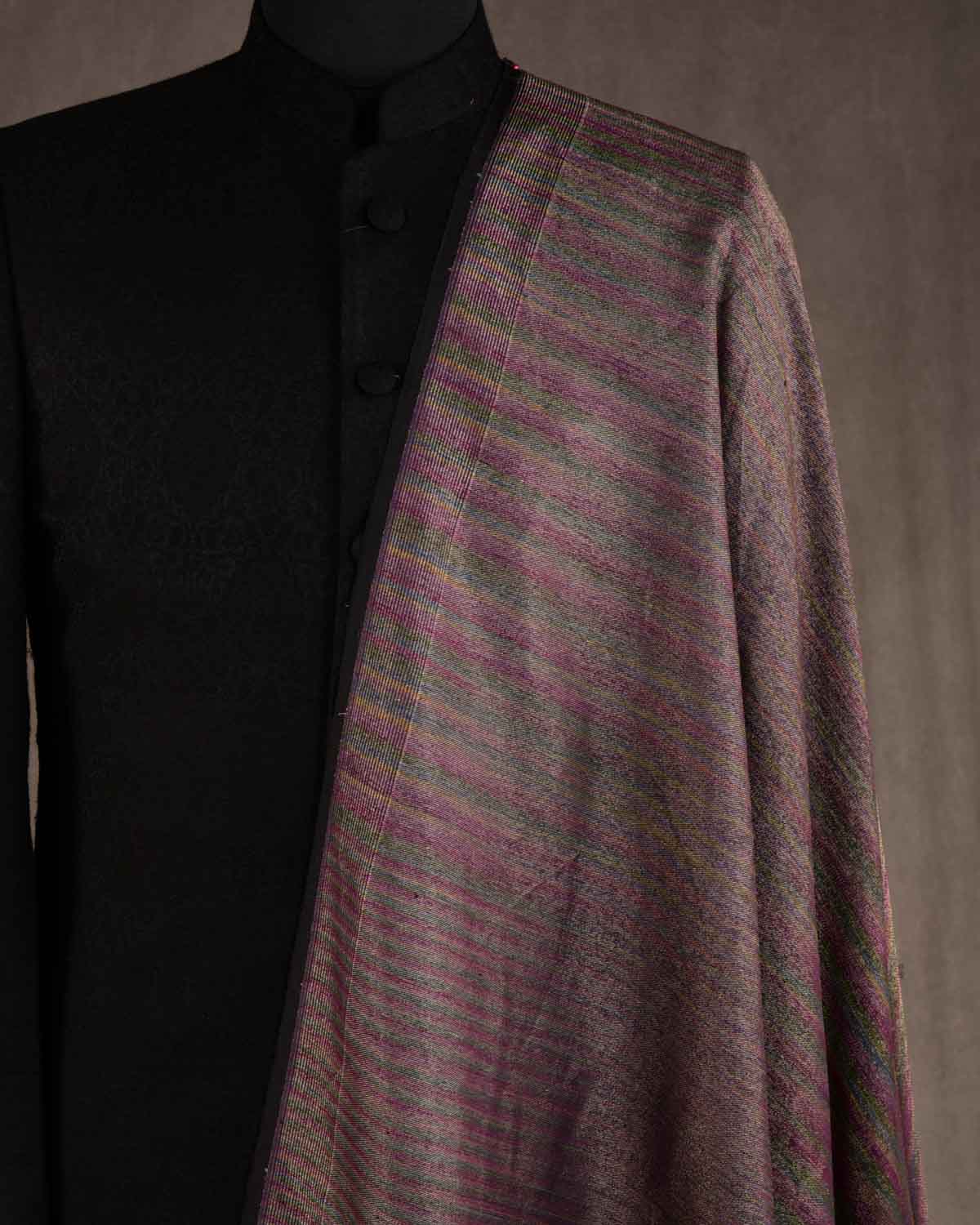 Purple Multi-color Gold Zari Ektara Waterfall Brocade Handwoven Silk Wool Unisex Dress Shawl-HolyWeaves