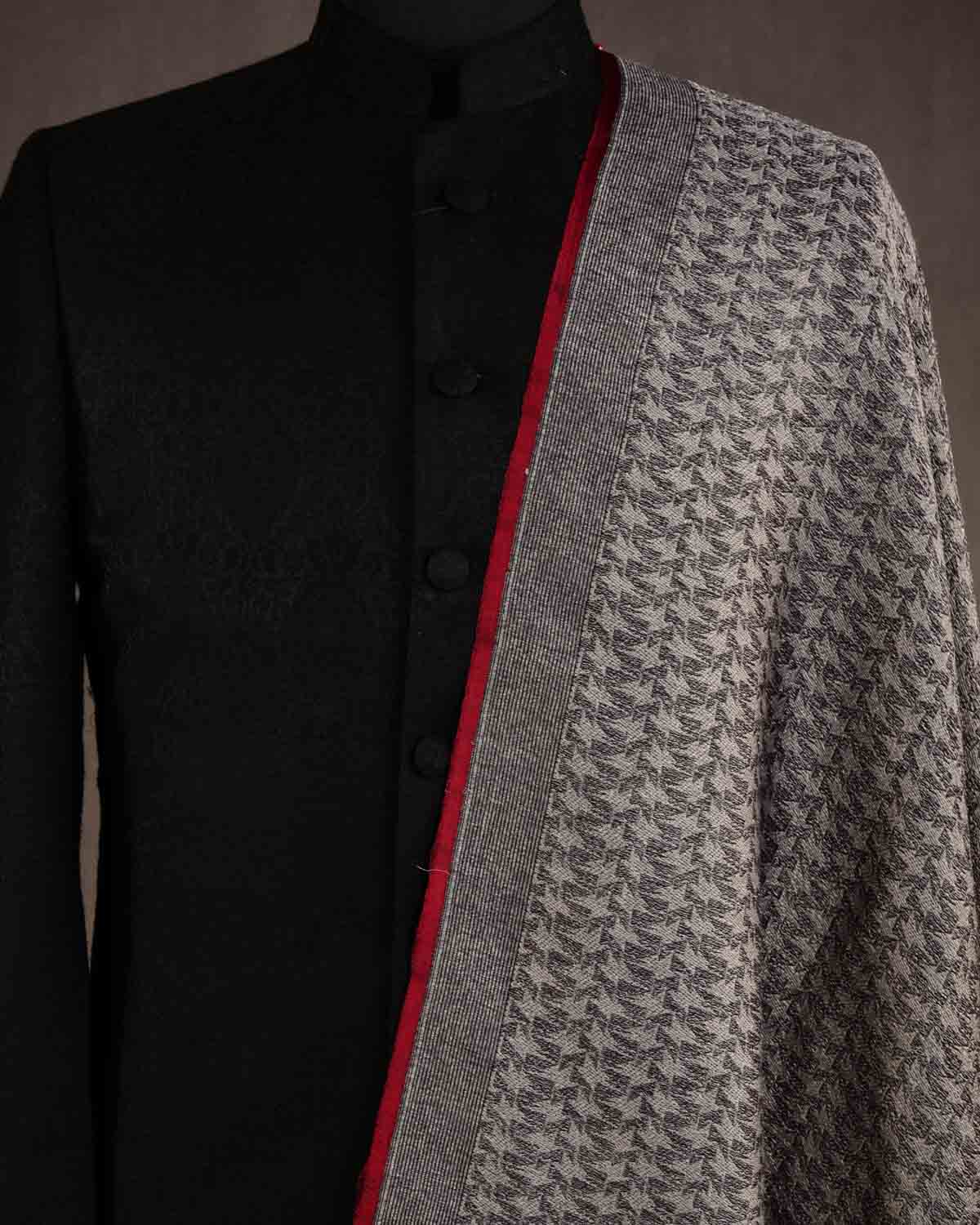 Metallic Gray Abstract Geometric Brocade Handwoven Silk Wool Unisex Dress Shawl-HolyWeaves
