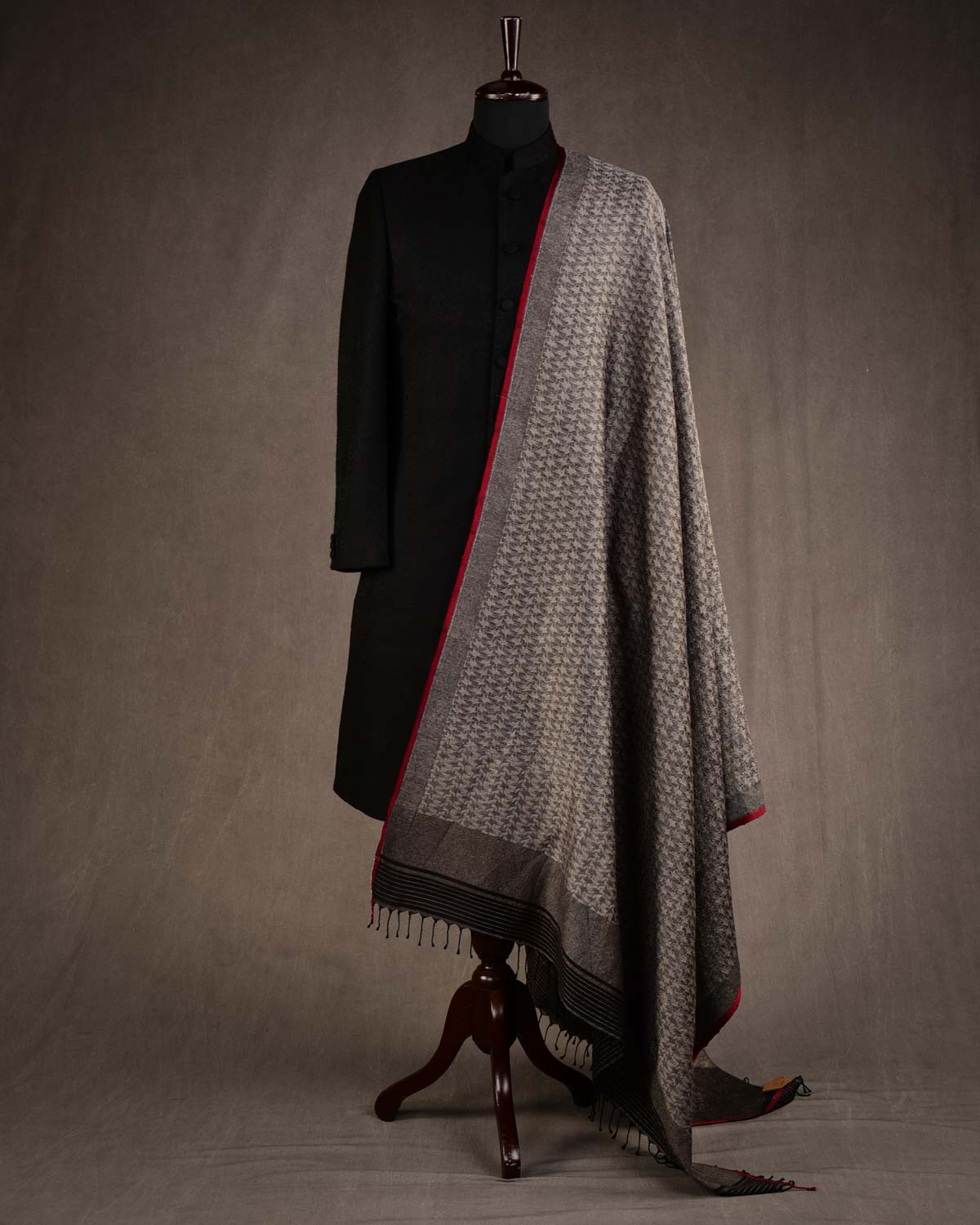 Metallic Gray Abstract Geometric Brocade Handwoven Silk Wool Unisex Dress Shawl-HolyWeaves
