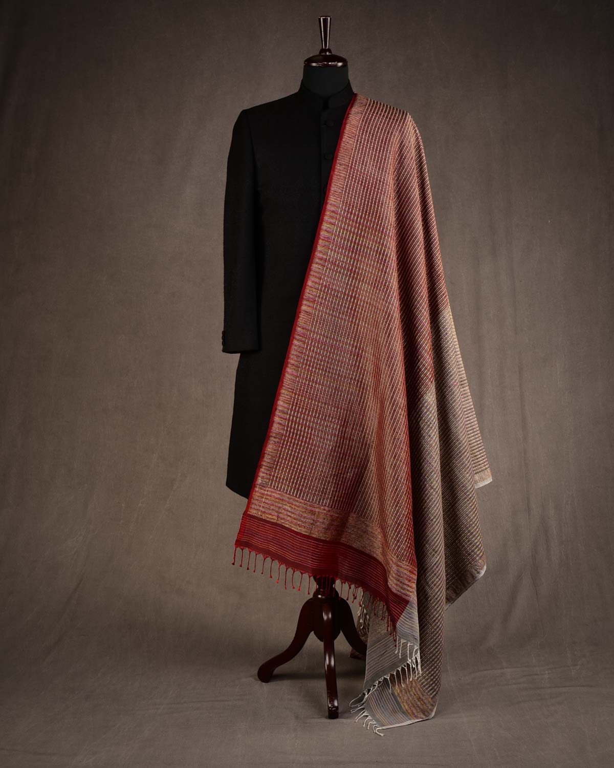 Dual Tone Gray Maroon Multicolor Zari Arrowhead Brocade Handwoven Silk Wool Banarasi Shawl-HolyWeaves