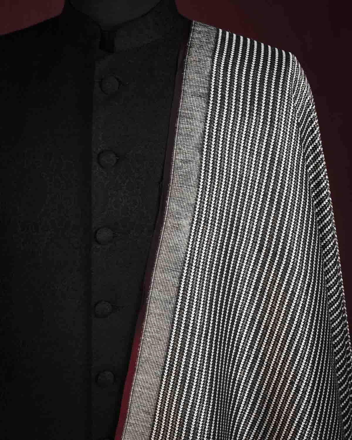 Black Zari Arrowhead Brocade Handwoven Silk Wool Unisex Dress Shawl-HolyWeaves