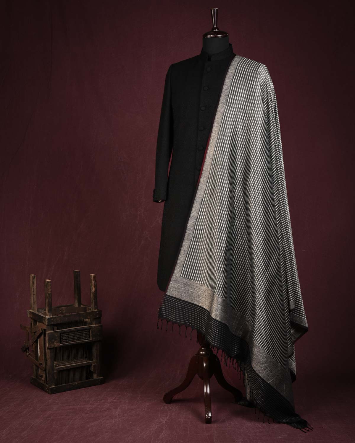 Black Zari Arrowhead Brocade Handwoven Silk Wool Unisex Dress Shawl-HolyWeaves