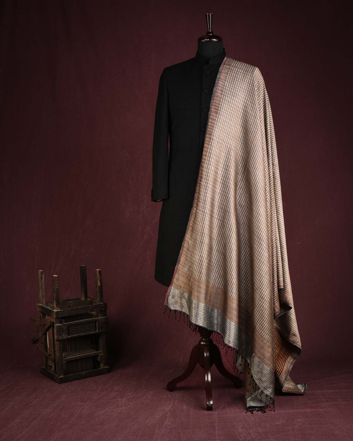 Multi-color Multicolor Zari Arrowhead Brocade Handwoven Silk Wool Unisex Dress Shawl-HolyWeaves