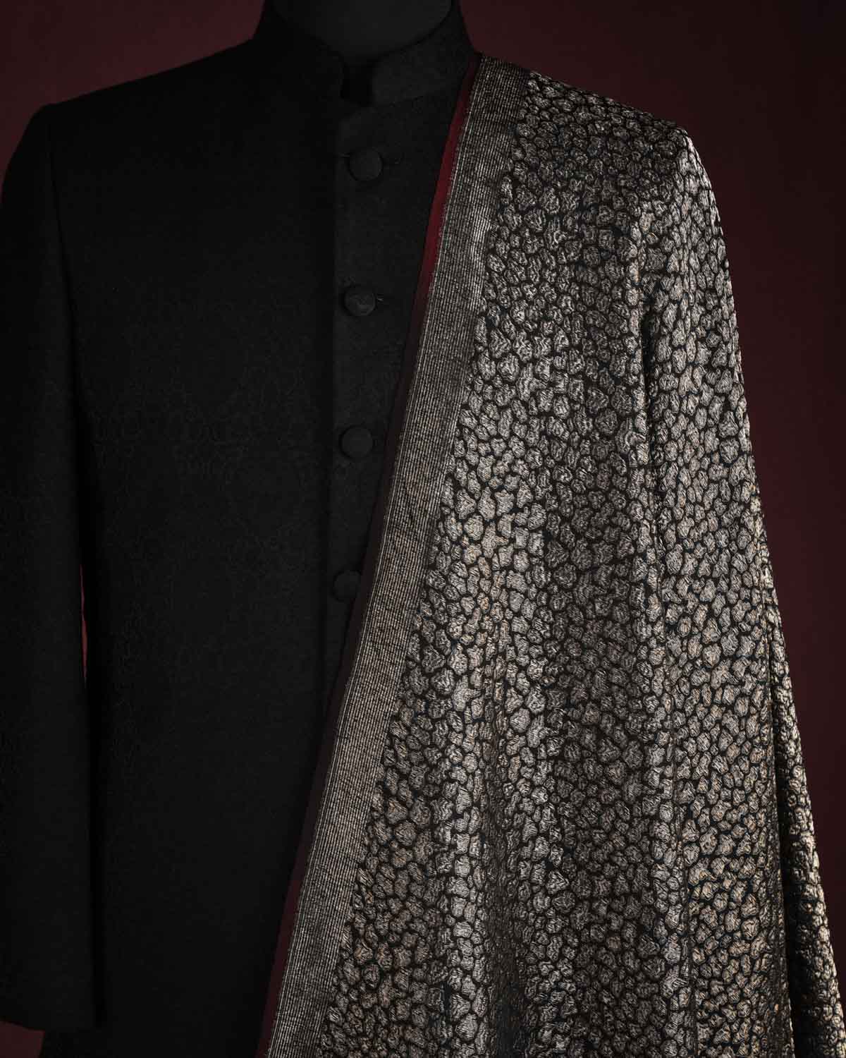 Black Gold And Silver Zari Jaguar Stripes Brocade Handwoven Silk Wool Unisex Dress Shawl-HolyWeaves