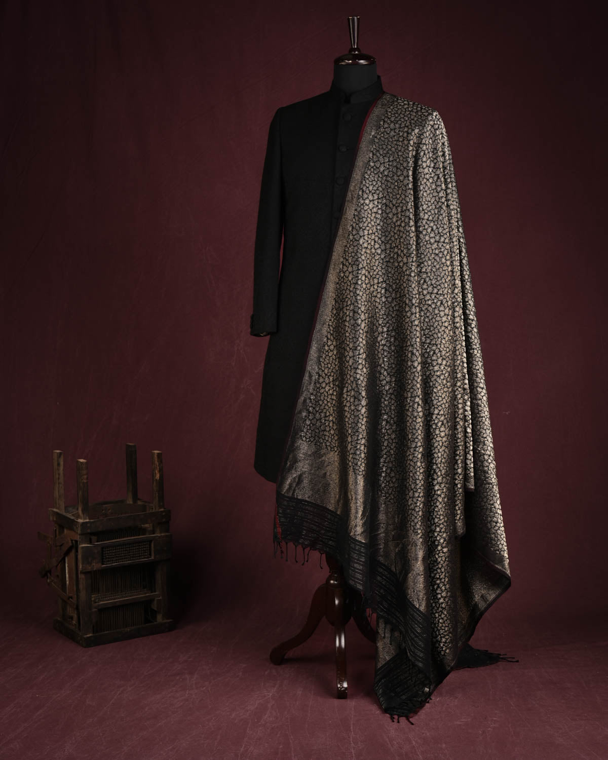 Black Gold And Silver Zari Jaguar Stripes Brocade Handwoven Silk Wool Unisex Dress Shawl-HolyWeaves