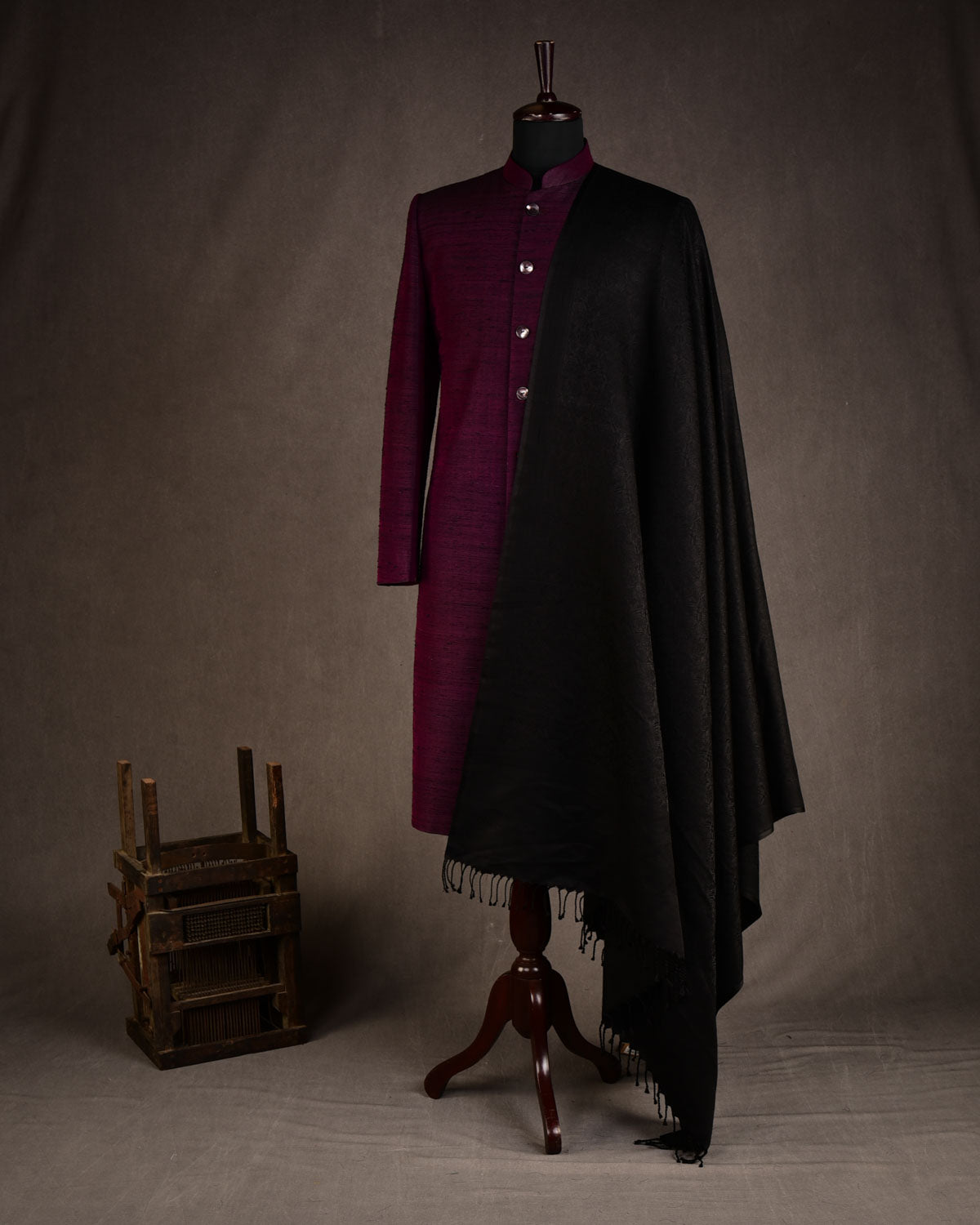 Black Spider Web Satin Tanchoi Handwoven Silk Wool Unisex Dress Shawl-HolyWeaves