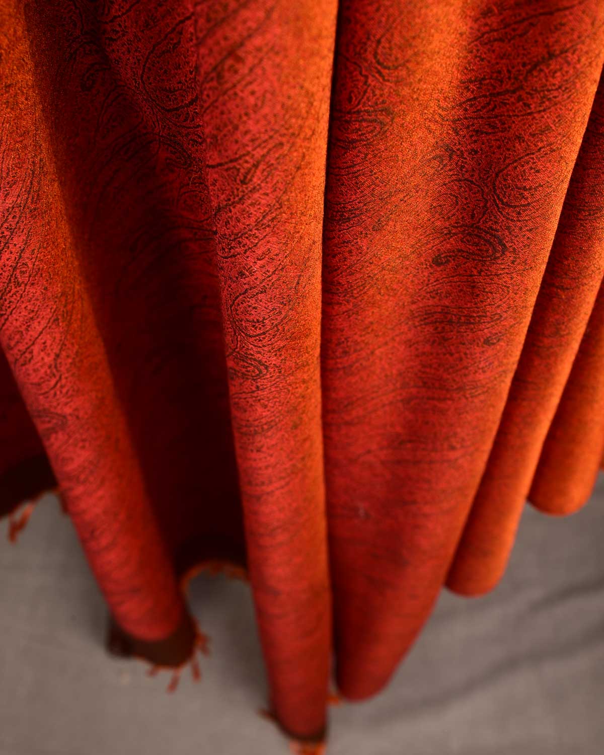 Orange Paisley Tanchoi Handwoven Silk Wool Banarasi Shawl-HolyWeaves