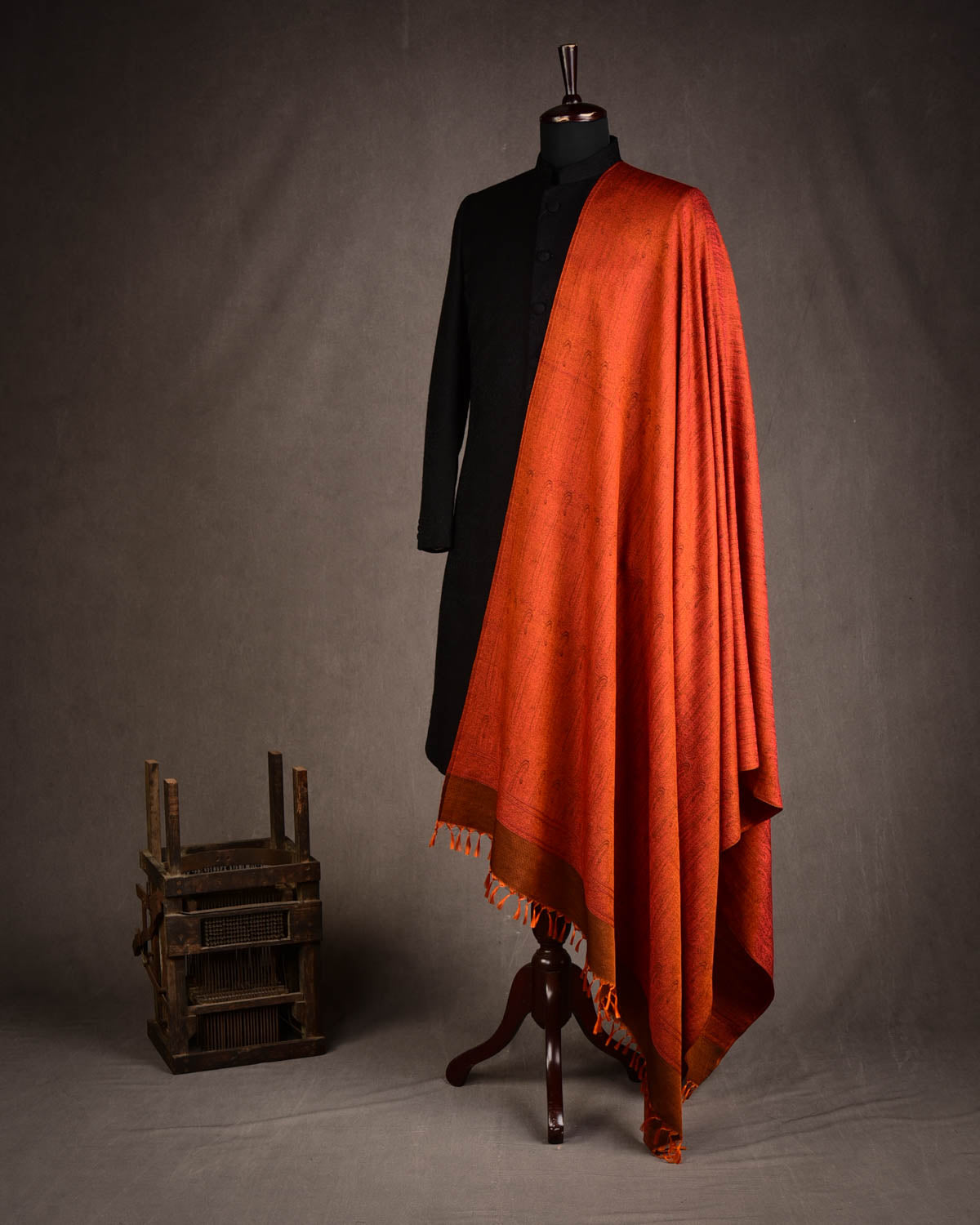 Orange Paisley Tanchoi Handwoven Silk Wool Banarasi Shawl-HolyWeaves