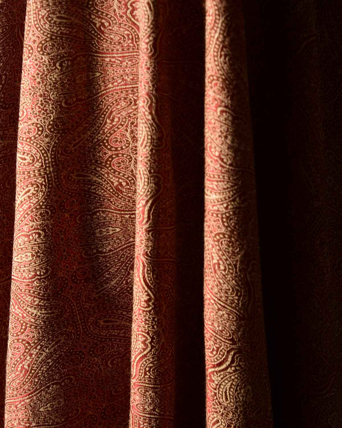 Beige Maroon Damask Tanchoi Handwoven Silk Wool Banarasi Shawl-HolyWeaves