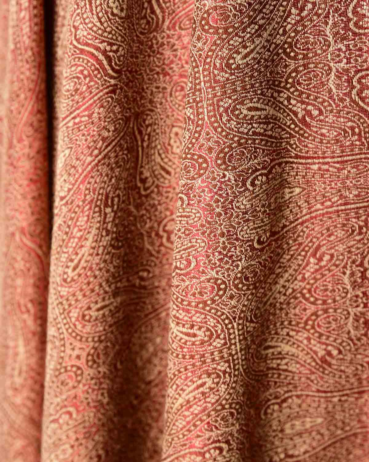 Beige Maroon Damask Tanchoi Handwoven Silk Wool Banarasi Shawl-HolyWeaves