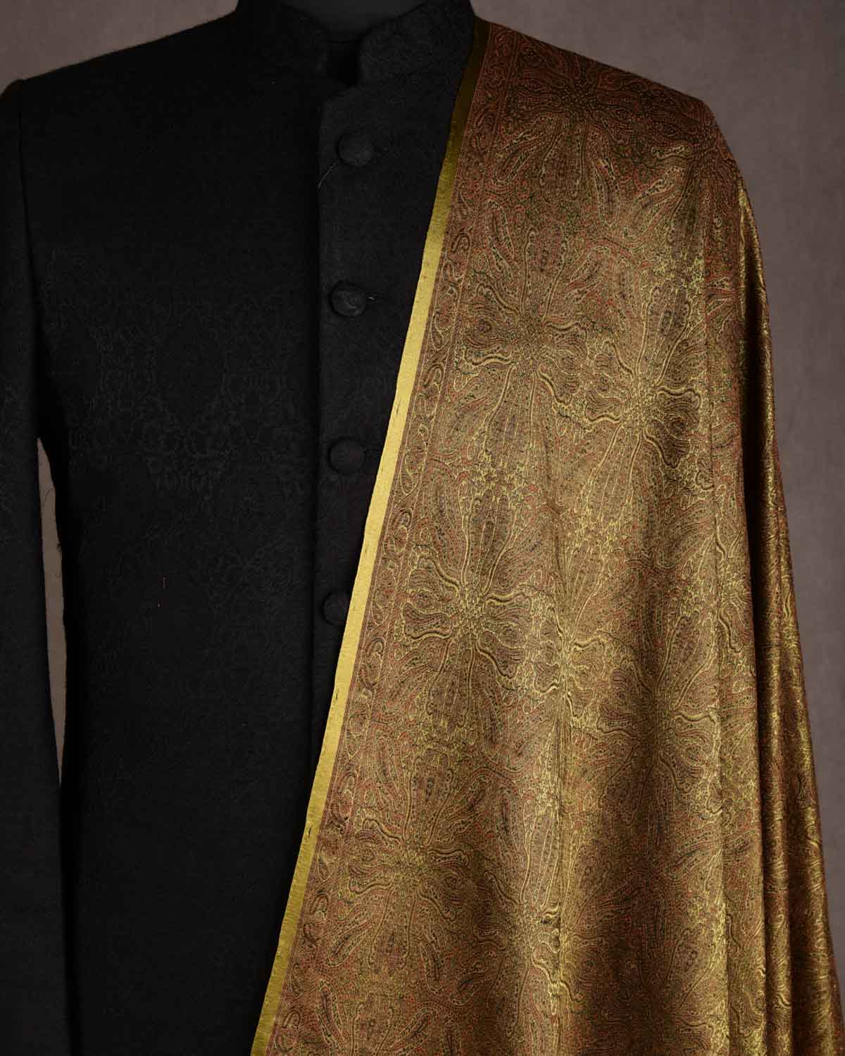 Brown & Green Damask Tanchoi Handwoven Silk Wool Banarasi Shawl-HolyWeaves