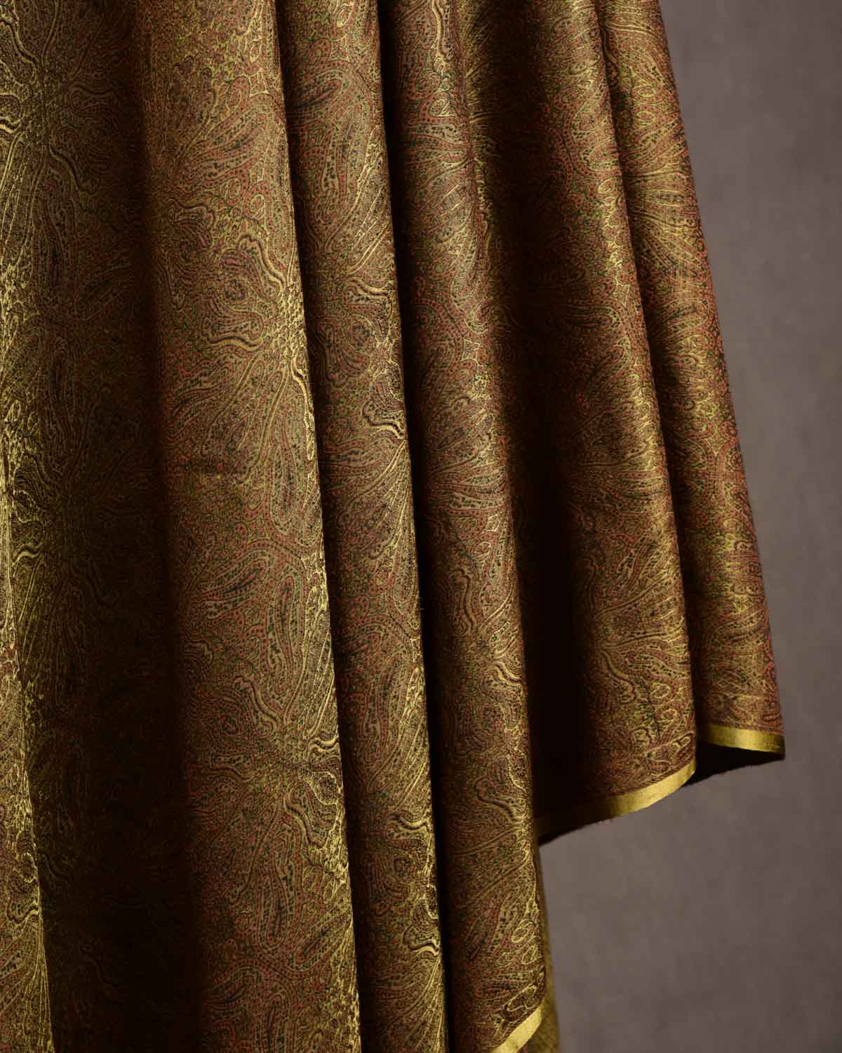 Brown & Green Damask Tanchoi Handwoven Silk Wool Banarasi Shawl-HolyWeaves