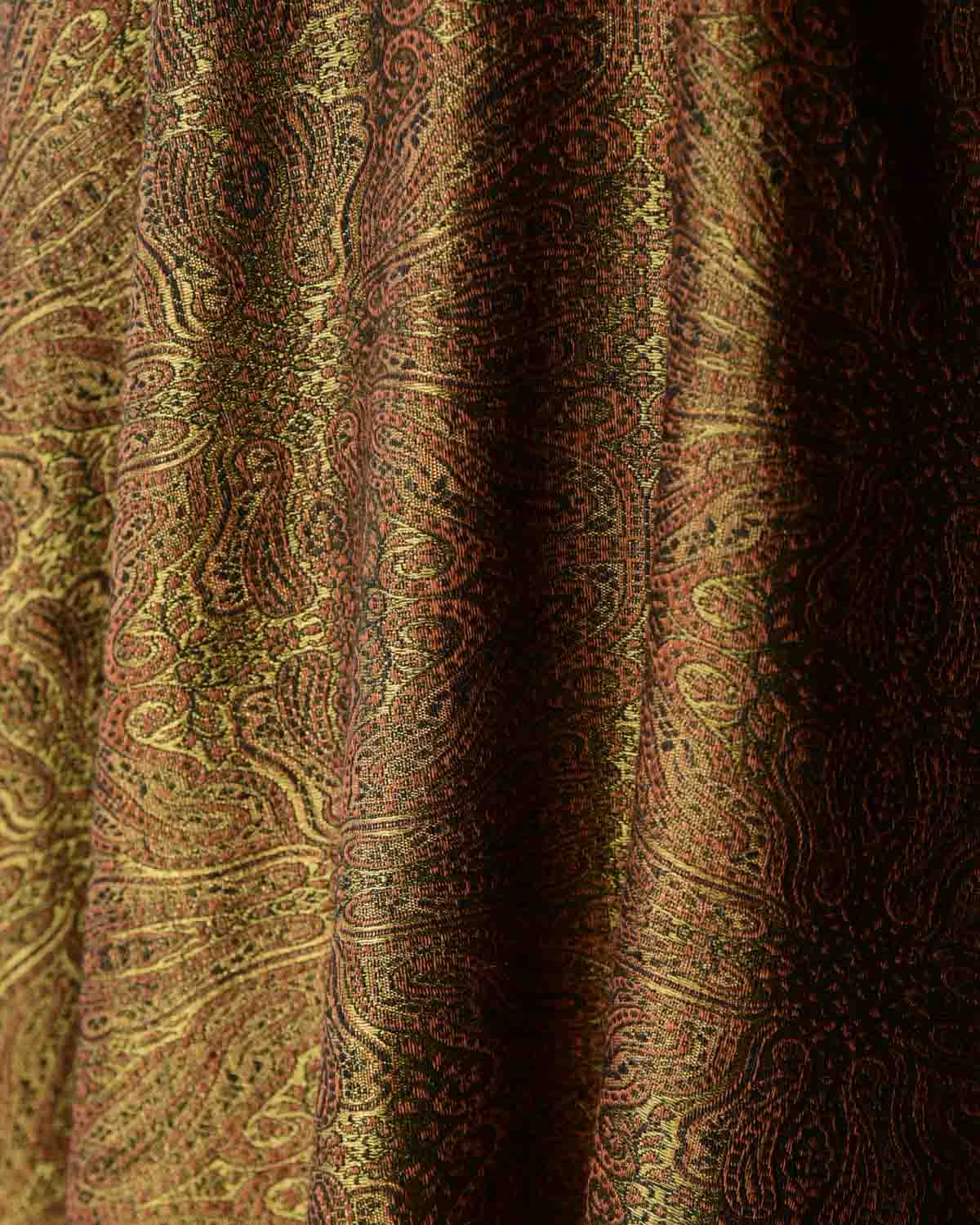 Brown & Green Damask Tanchoi Handwoven Silk Wool Banarasi Shawl-HolyWeaves