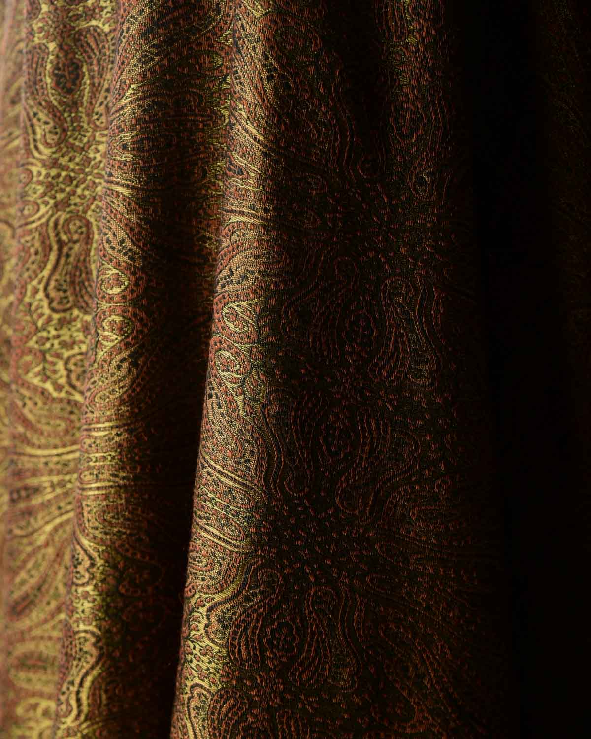 Brown & Green Damask Tanchoi Handwoven Silk Wool Banarasi Shawl-HolyWeaves