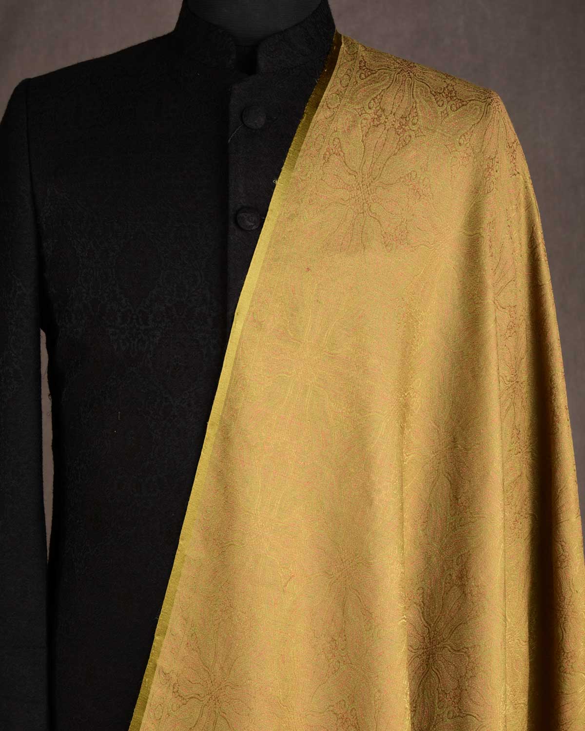 Olive Green Damask Tanchoi Handwoven Silk Wool Banarasi Shawl-HolyWeaves