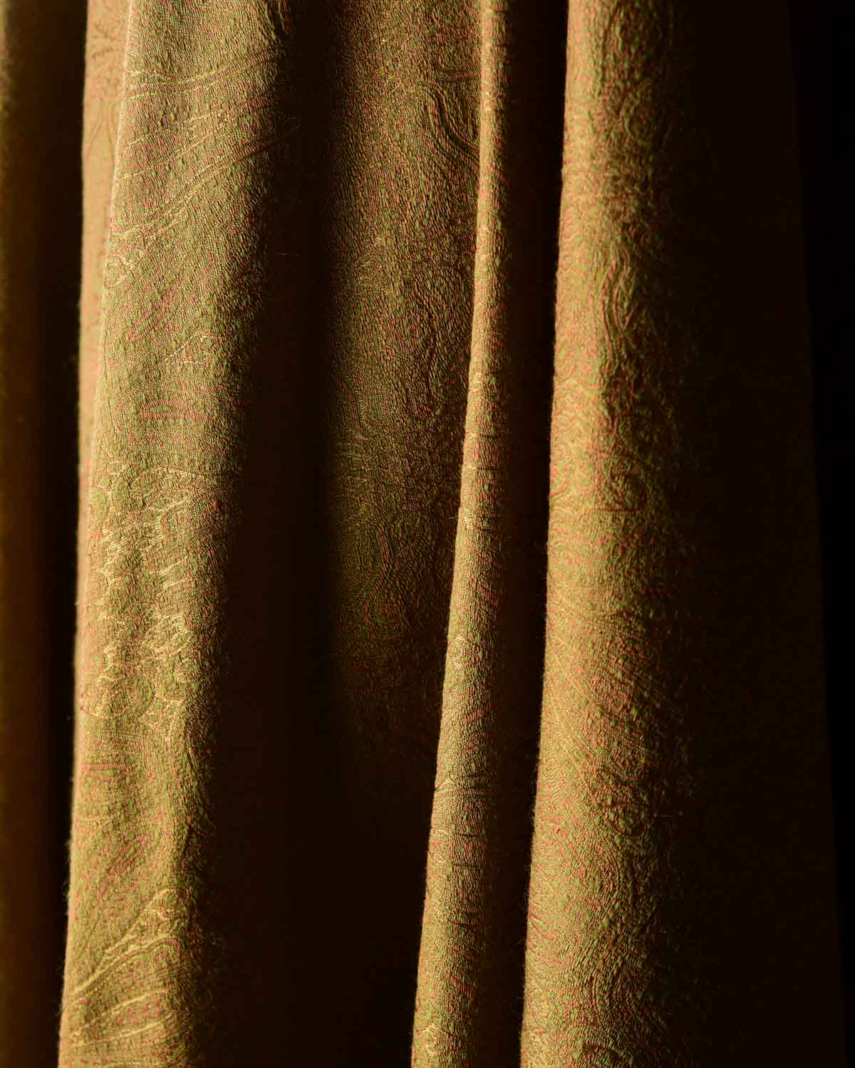 Olive Green Damask Tanchoi Handwoven Silk Wool Banarasi Shawl-HolyWeaves