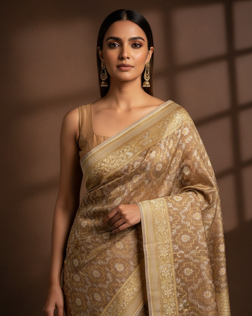 Antique Gold Jangla Cotton Tissue Banarasi - Pure Visual Reference