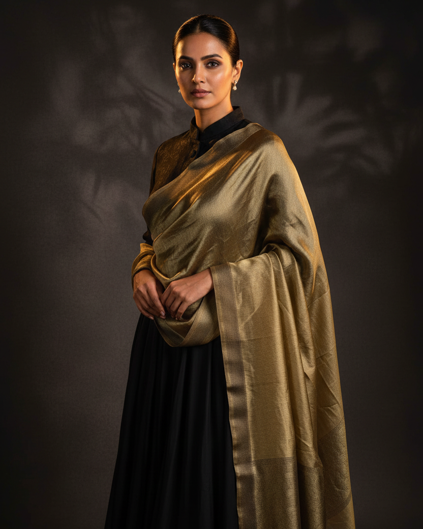Antique Gold Tissue Dupatta — Slightly Sheer