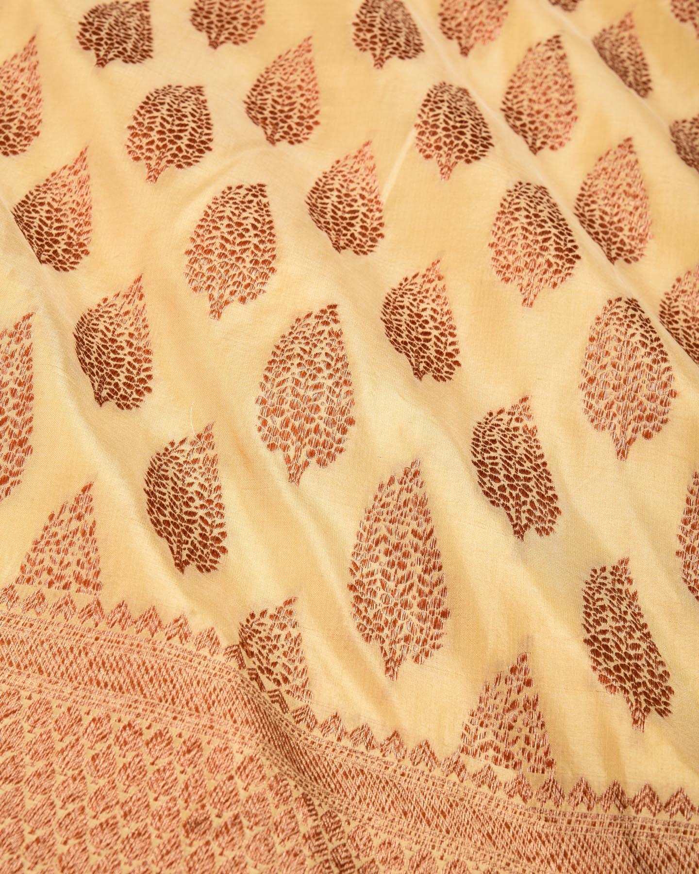 Beige Banarasi Antique Zari Buta Cutwork Brocade Handwoven Katan Silk Saree - By HolyWeaves, Benares