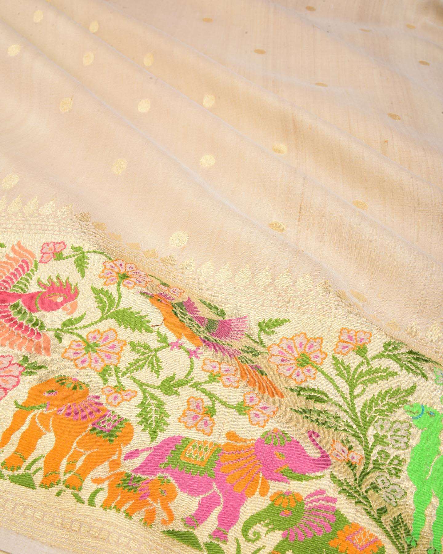 Beige Banarasi Cutwork Brocade Handwoven Tasar Silk Saree with Flora & Fauna Border Pallu - By HolyWeaves, Benares