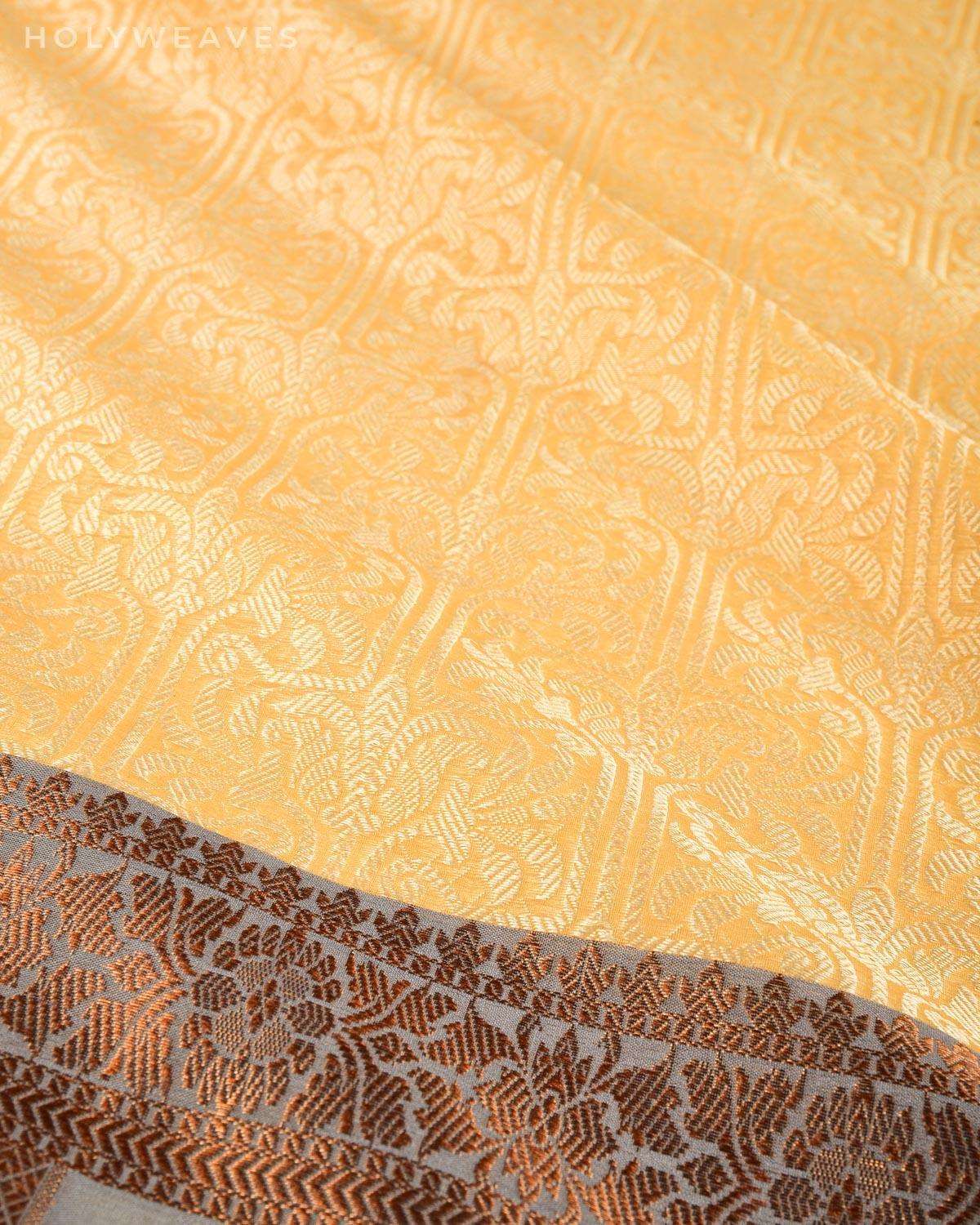 Beige Banarasi Cutwork Brocade Woven Art Cotton Silk Saree with Gray Border Pallu - By HolyWeaves, Benares
