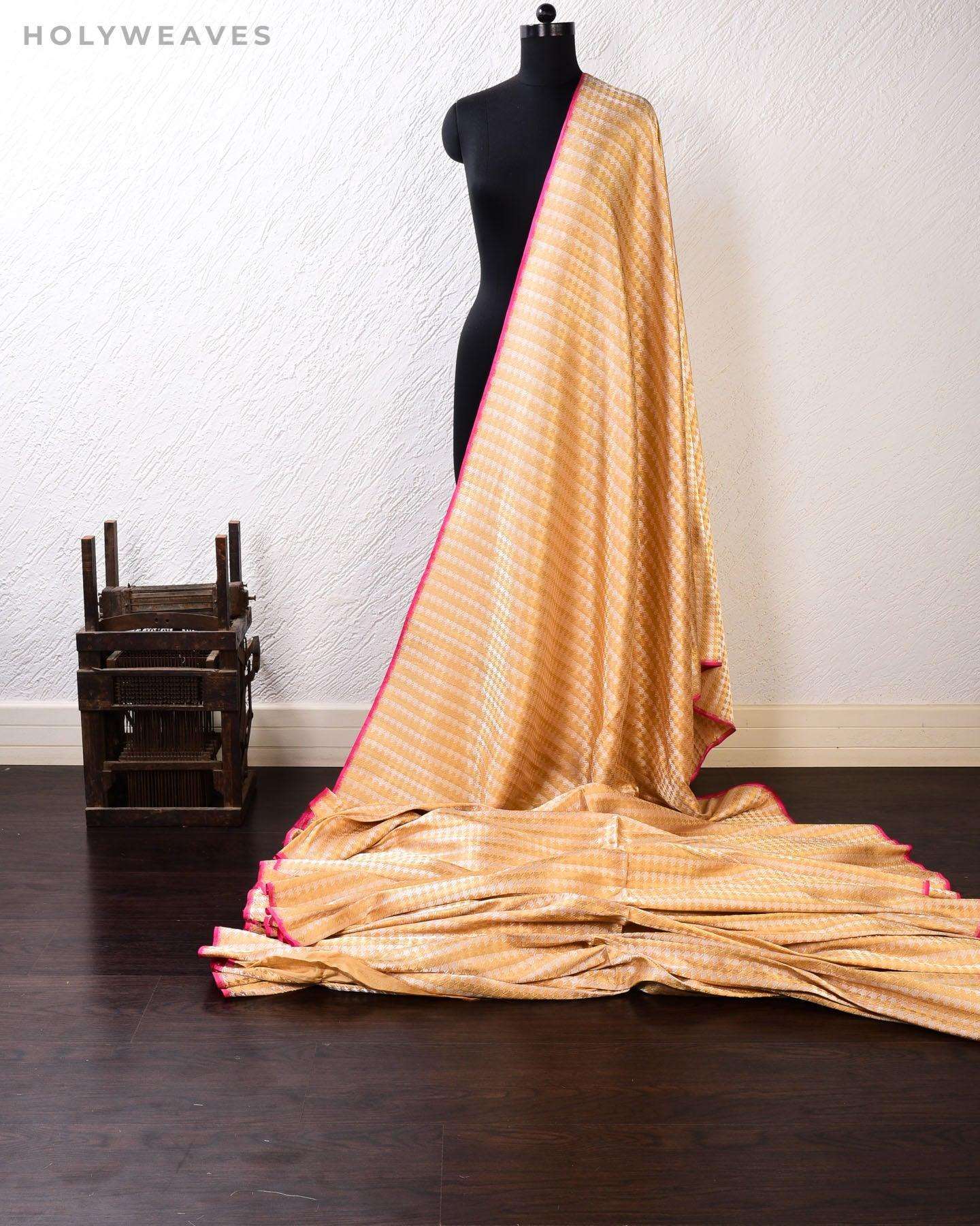 Beige Banarasi Double Zari Sona Rupa Houndstooth Brocade Handwoven Katan Silk Fabric - By HolyWeaves, Benares