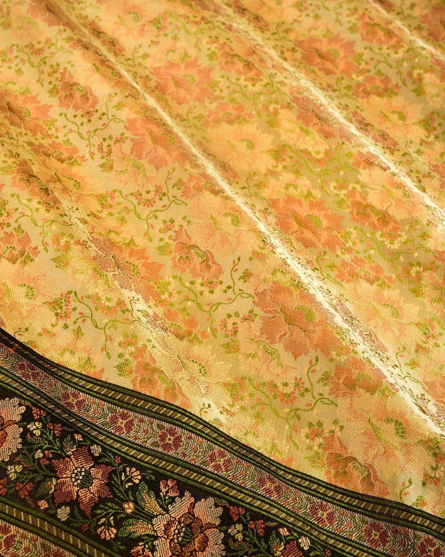 Beige Banarasi Floral Jaal Tehri Jamawar Handwoven Katan Silk Saree with Contrast Black Border Pallu - By HolyWeaves, Benares