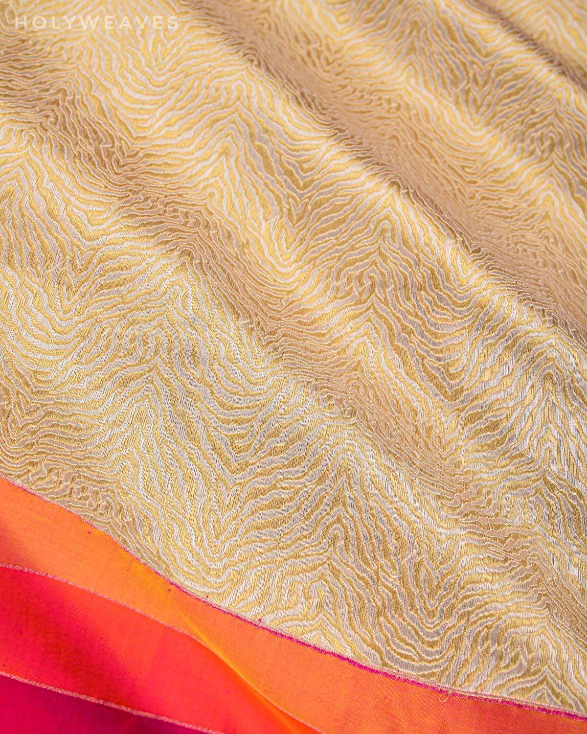 Beige Banarasi Gold and Silver Tigress Stripes Brocade Handwoven Katan Silk Saree - By HolyWeaves, Benares
