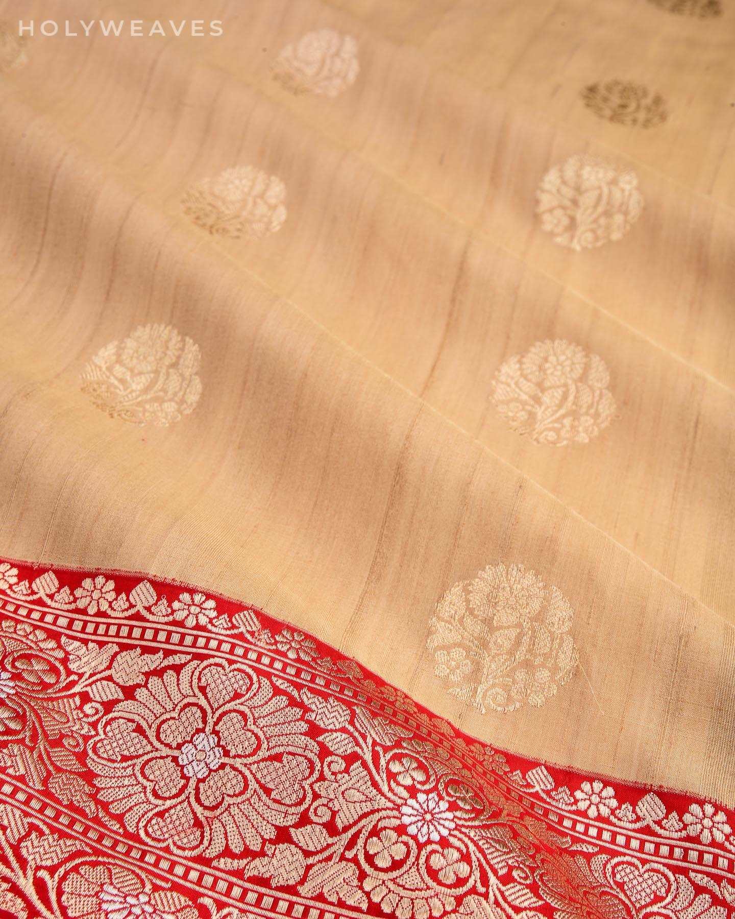 Beige Banarasi Kadhuan Brocade Handwoven Tasar Silk Saree with Red Brocade Border Pallu - By HolyWeaves, Benares