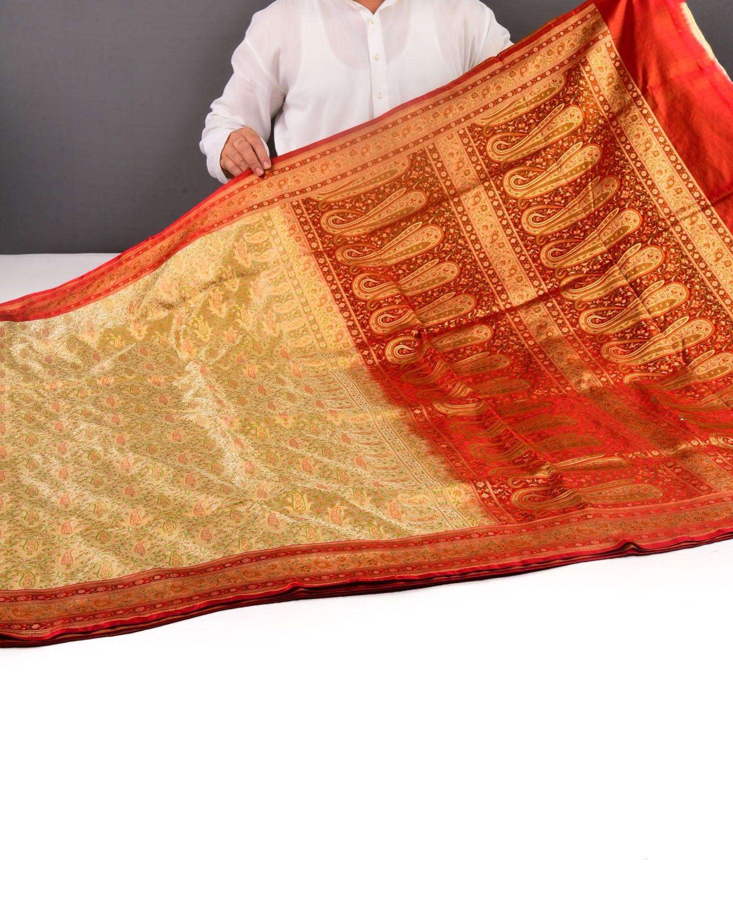 Beige Banarasi Kairi Jaal Tehri Jamawar Brocade Handwoven Katan Silk Saree with Contrast Red Border Pallu - By HolyWeaves, Benares