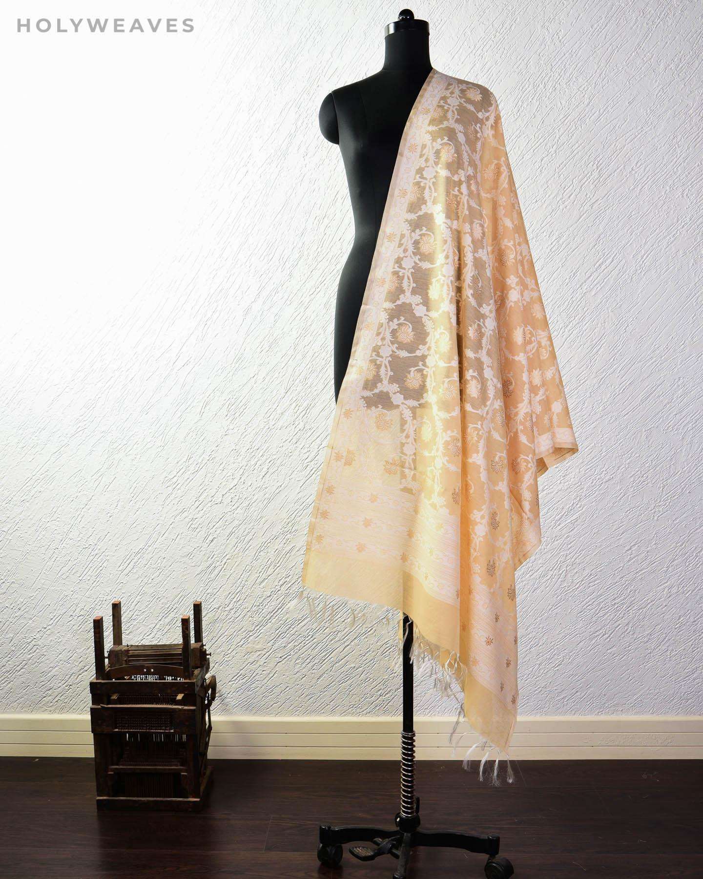 Beige Banarasi Kamal Jaal Cutwork Brocade Handwoven Cotton Silk Dupatta - By HolyWeaves, Benares