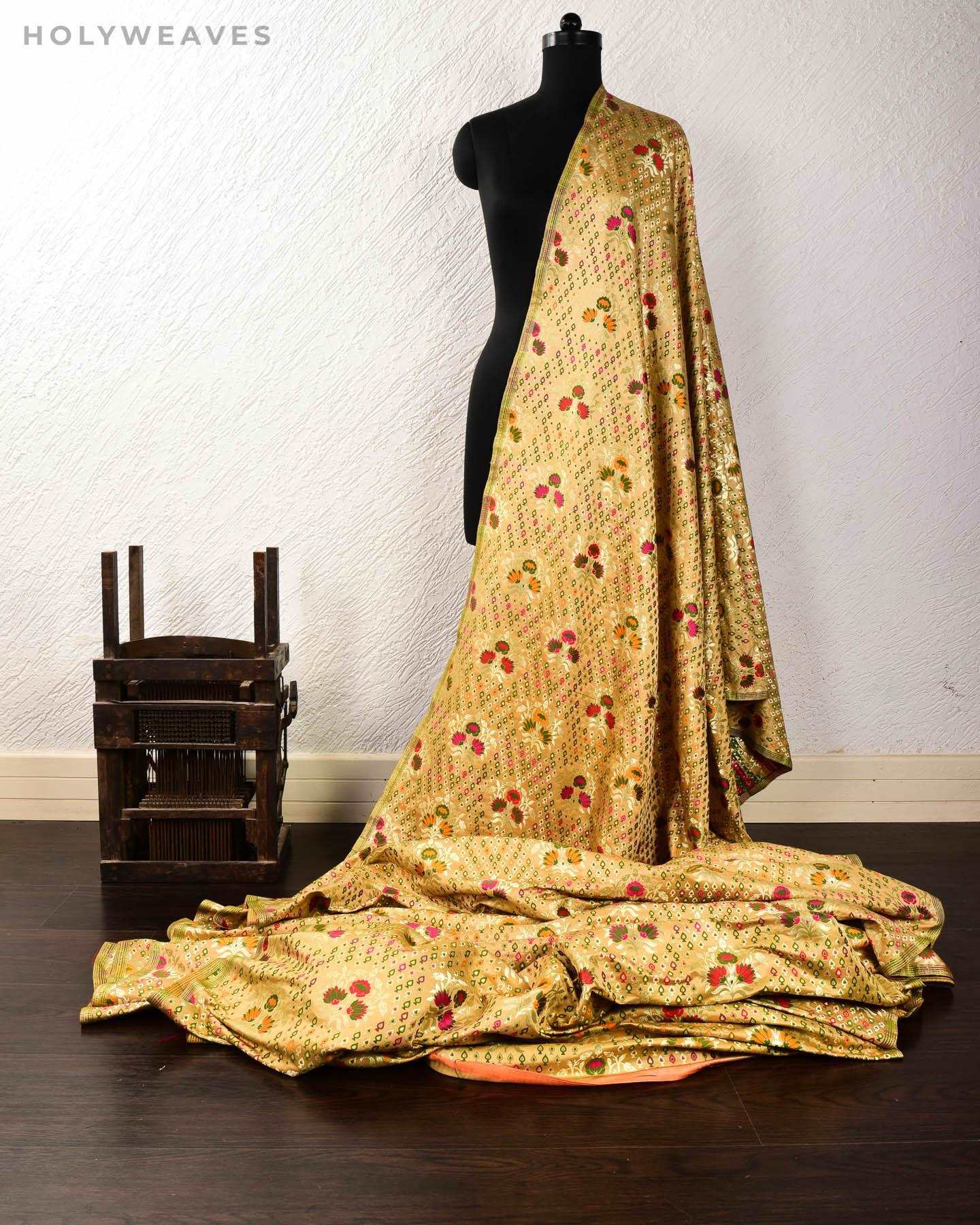 Beige Banarasi Kimkhwab Brocade Handwoven Viscose Silk Fabric - By HolyWeaves, Benares