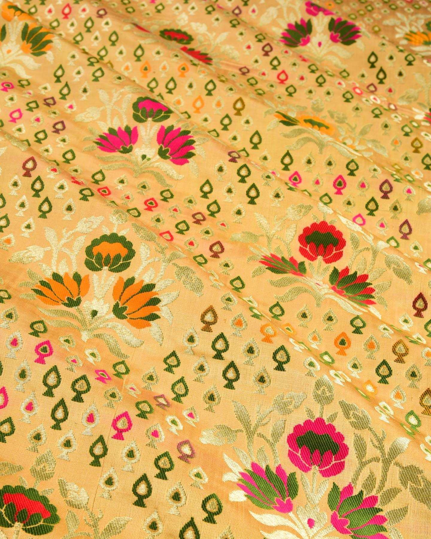 Beige Banarasi Kimkhwab Brocade Handwoven Viscose Silk Fabric - By HolyWeaves, Benares