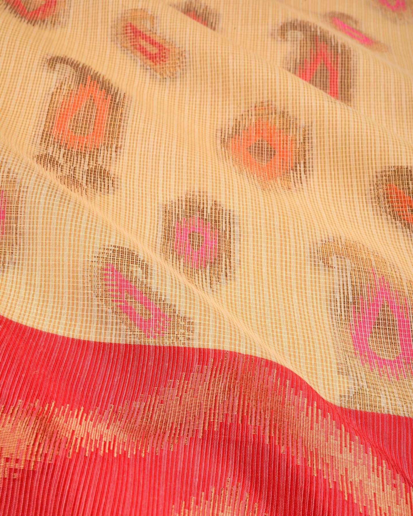Beige Banarasi Kota Check Paisley Buta Cutwork Brocade Woven Blended Cotton Silk Saree with Contrast Red Border Pallu - By HolyWeaves, Benares